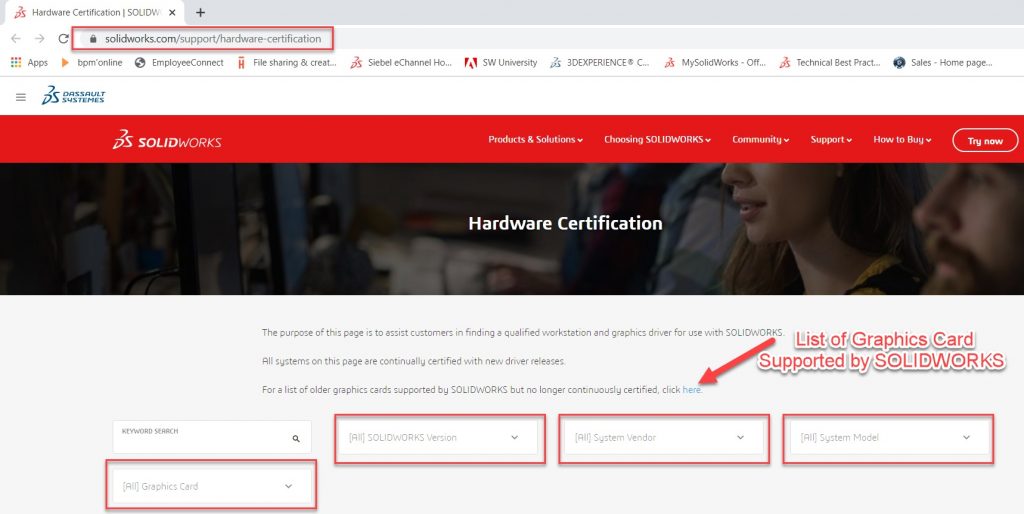 SOLIDWORKS hardware certification page